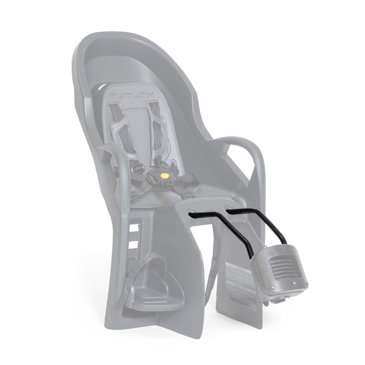 Burley Standard Rails highlighted in black on a faded-out grey Dash FM child bike seat