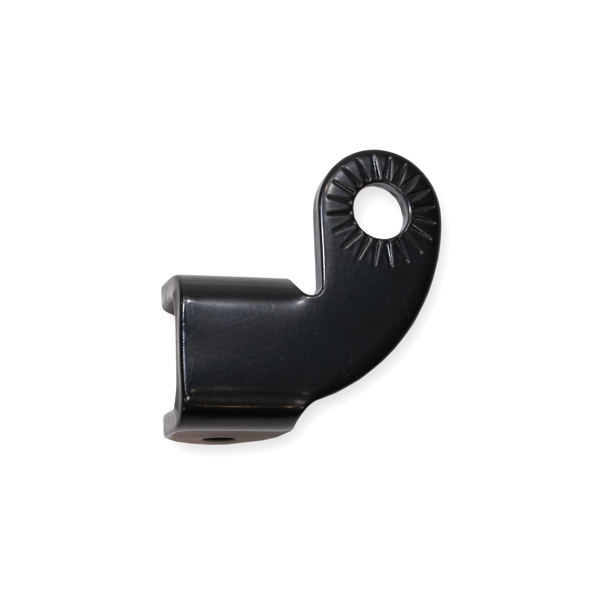 Burley Steel Hitch rear view, black hitch body with the serrated round mounting ring rising on the right