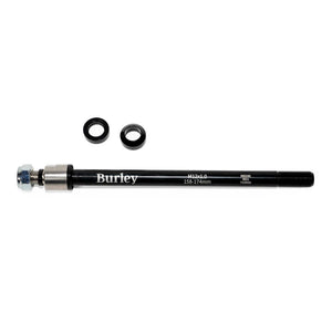 Burley Thru Axle, black shaft with Burley logo, silver nut and collar at the left, two black rings above