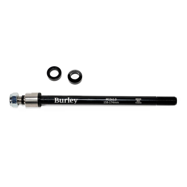 Burley Thru Axle, black shaft with Burley logo, silver nut and collar at the left, two black rings above