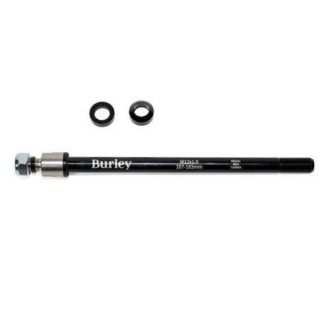 Burley Thru Axle with a threaded tip and silver end fitting, two black rings shown above the shaft