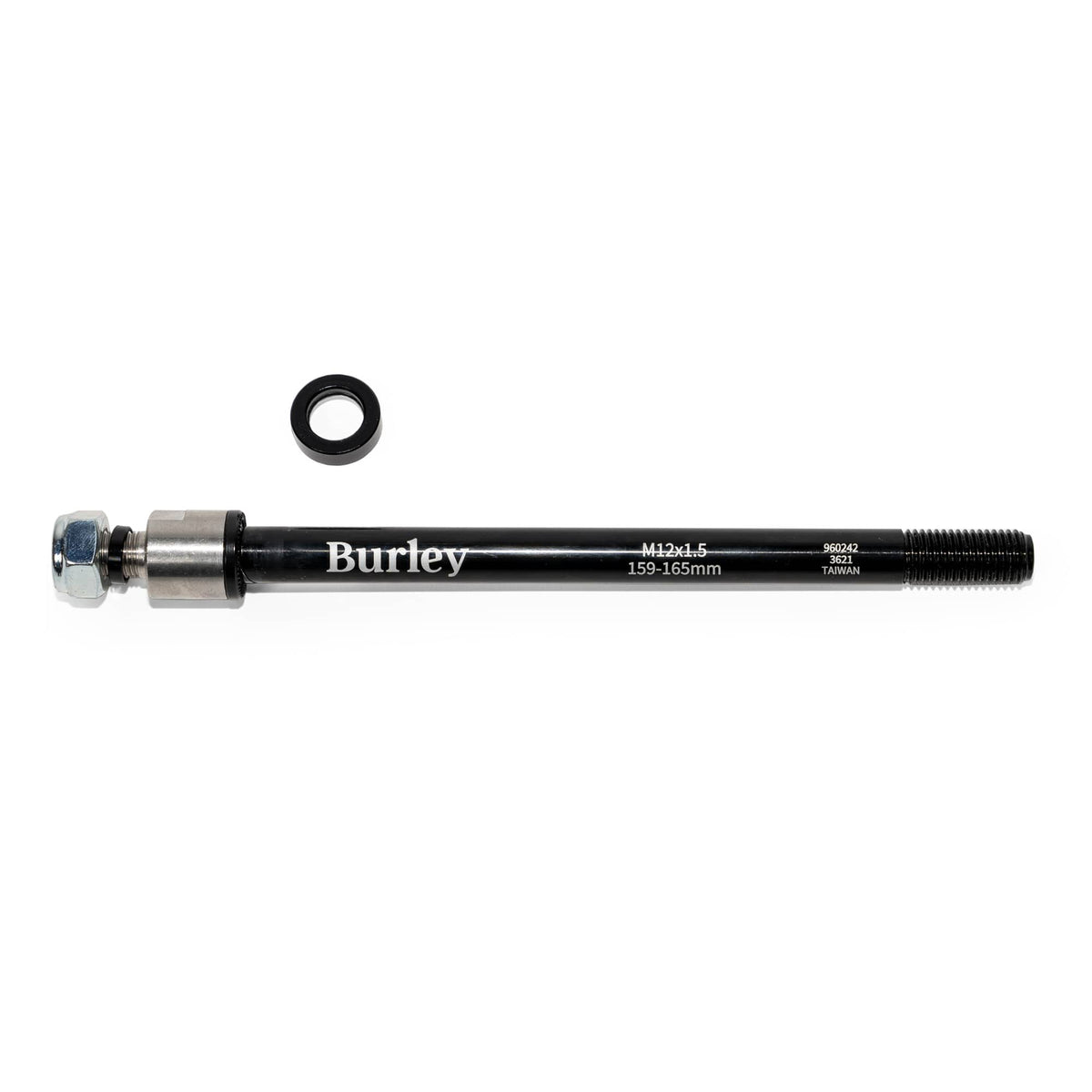 Burley Thru Axle with a wider silver collar at the left end and a single black ring above