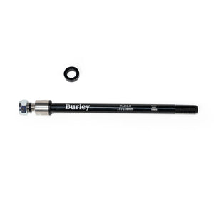 Burley Thru Axle with Burley logo and size text on the black shaft, one black ring above