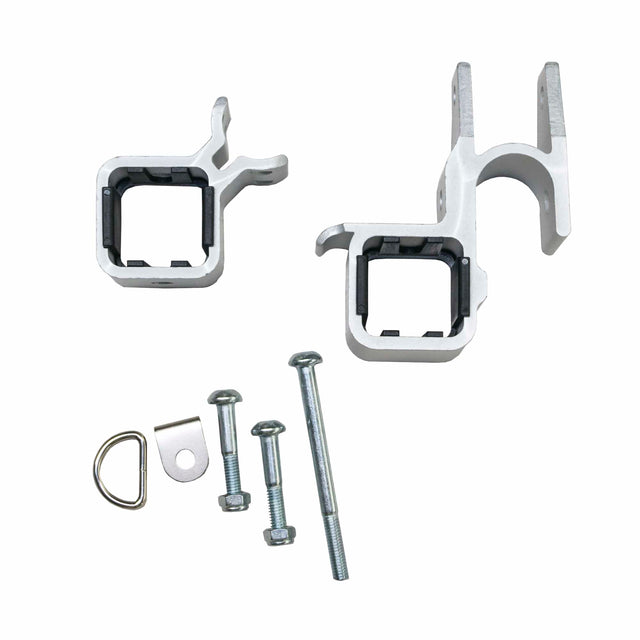 Burley Tow Bar Receiver Kit laid out: two silver square receiver brackets, a D-ring, a small tab and three bolts with nuts