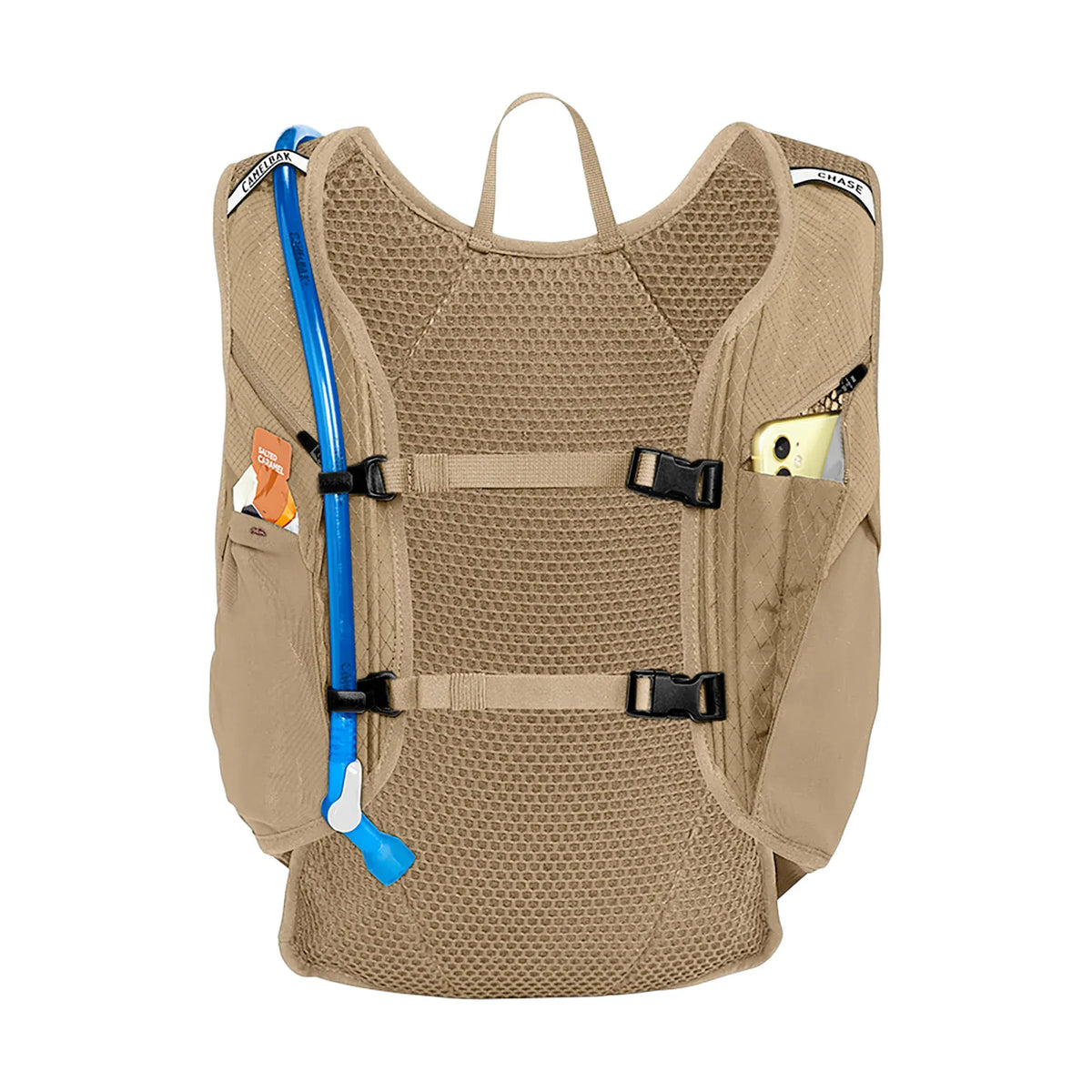 Moondust Chase Adventure 8 harness holding a gel and a phone in the front pockets