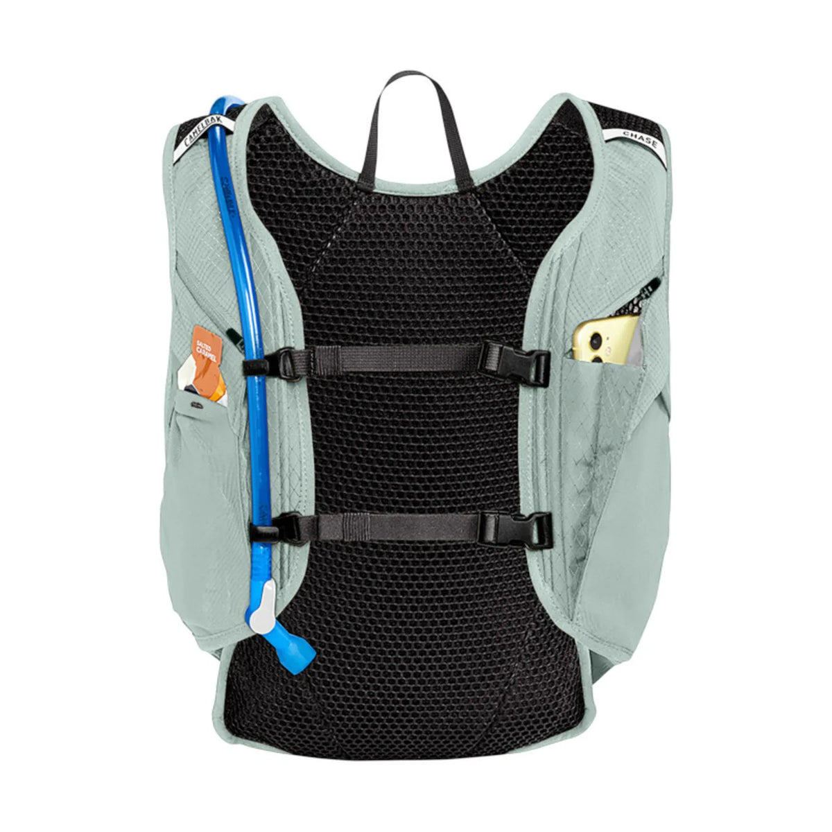 Chase Adventure 8 harness with a gel in one front pocket and a phone in the other
