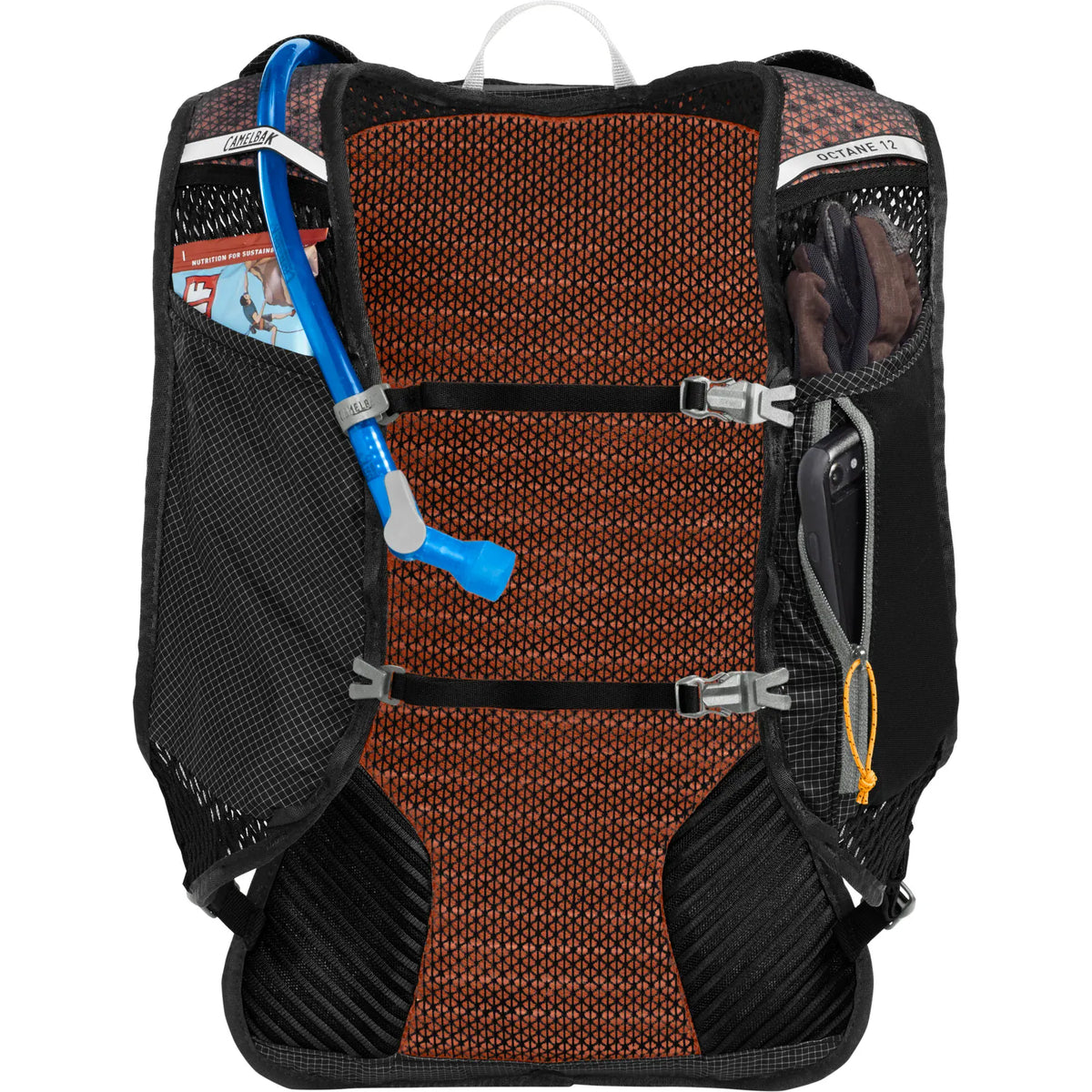 Octane 12 harness with a phone in one strap pocket and an energy gel in the other
