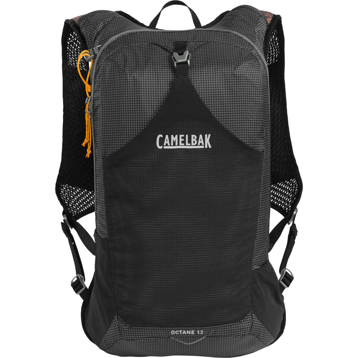Front of the black CamelBak Octane 12 hydration pack with Octane 12 logo at the base