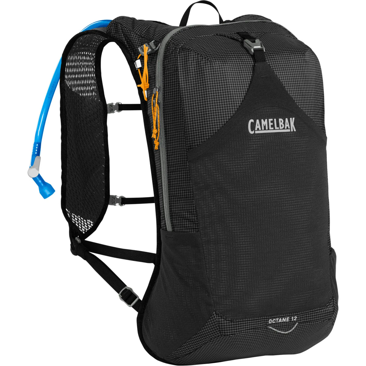 CamelBak Octane 12 hydration pack in black, front three-quarter view with blue drink tube