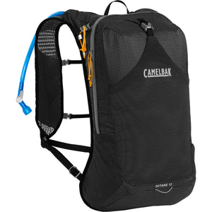 CamelBak Octane 12 hydration pack in black, front three-quarter view with blue drink tube