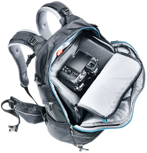 Deuter Camera Box One holding a camera inside a Deuter backpack with the front unzipped
