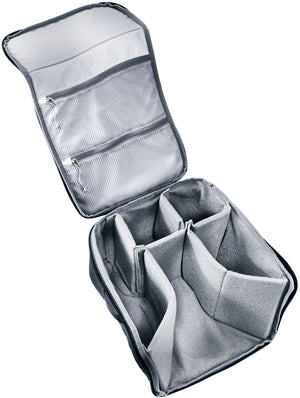 Deuter Camera Box One open and empty, showing the grey padded dividers and lid pockets