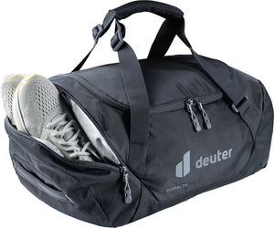 Deuter Duffel 35 with a pair of sneakers in the zipped end pocket