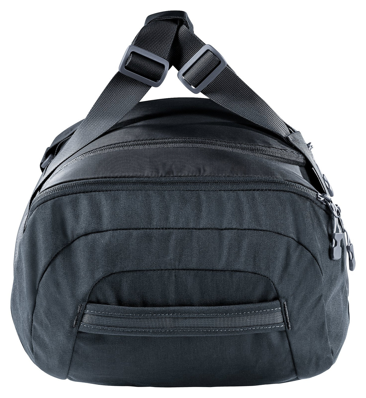 Deuter Duffel 35 in Black, end view with carrying straps over the top