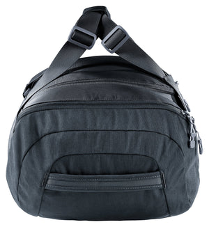Deuter Duffel 35 in Black, end view with carrying straps over the top