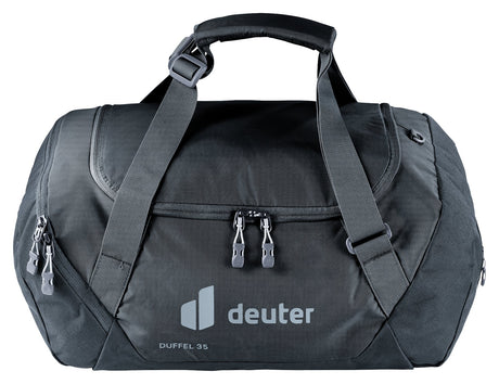 Deuter Duffel 35 travel duffel in Black, side view with logo and padded handles