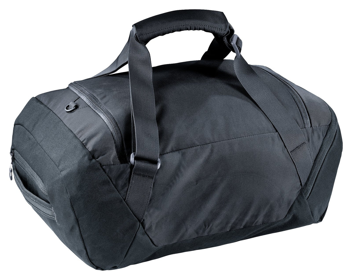 Deuter Duffel 35 in Black, three-quarter view of the top and straps