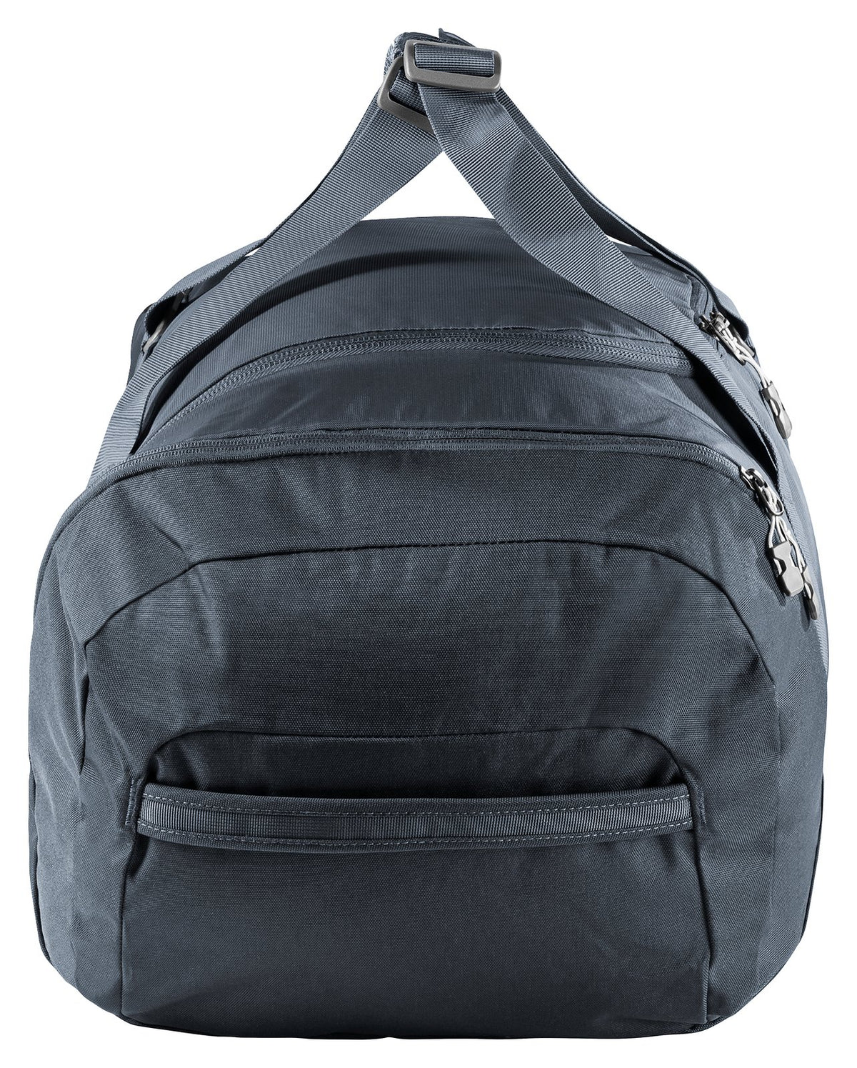 Deuter Duffel 70 in Black, end view with the side pocket and carry straps