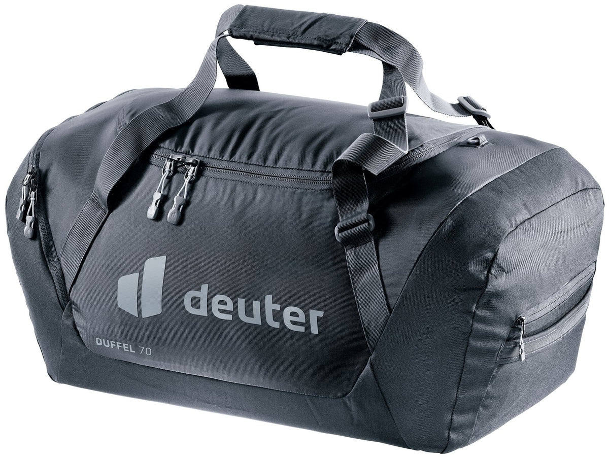 Deuter Duffel 70 travel duffel bag in Black, three-quarter view with padded handles