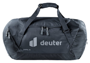 Deuter Duffel 70 in Black, front view of the arched main zip and Deuter logo