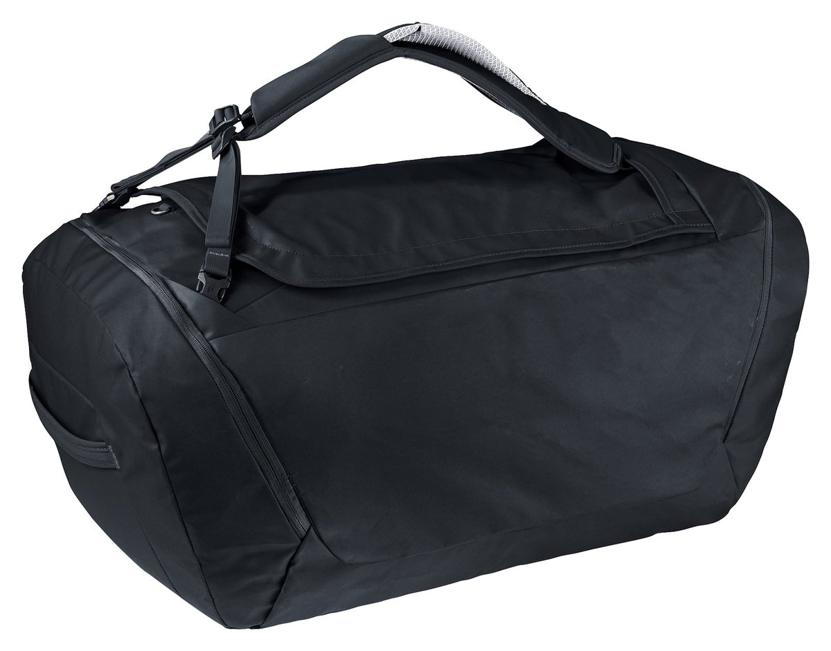 Deuter Duffel Pro 60 in Black, rear view with shoulder straps stowed away