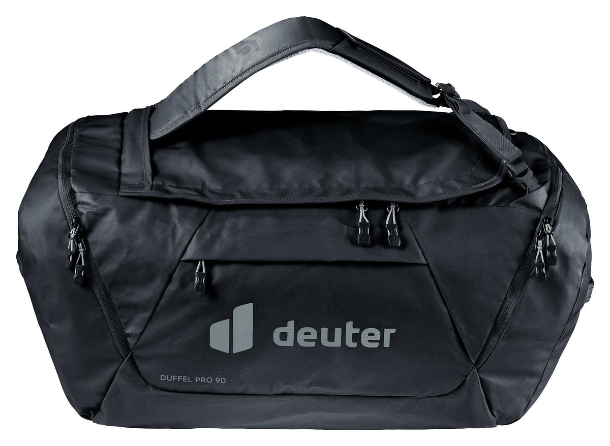 Deuter Duffel Pro 60 in Black, front view with straps stowed and top handle