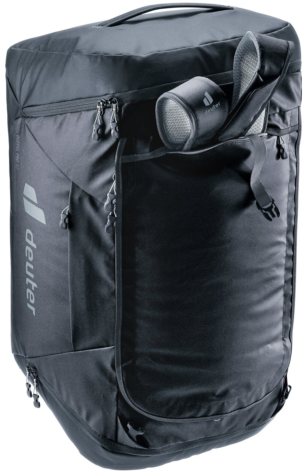 Deuter Duffel Pro 60 in Black stood on end with shoes poking out of the end pocket