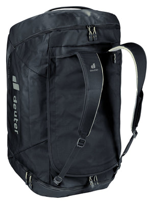Deuter Duffel Pro 60 in Black stood on end with shoulder straps fitted for backpack carry