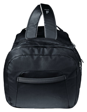 End view of the Deuter Duffel Pro 60 in Black showing the zipped side pocket and grab handle
