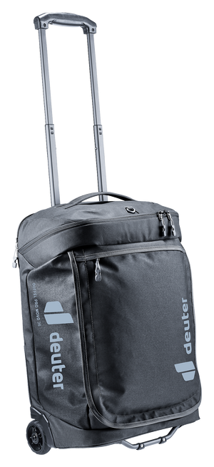 Deuter Duffel Pro Movo 36 in Black, front three-quarter view with the handle raised