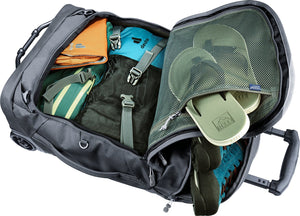 Deuter Duffel Pro Movo 36 opened wide, packed with clothes and thongs in the inner mesh pocket