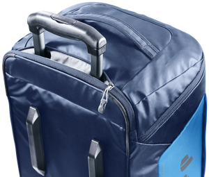 Close-up of the Deuter Duffel Pro Movo 60 top handle and stowable luggage handle