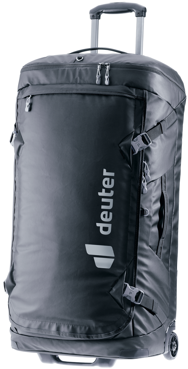 Deuter Duffel Pro Movo 90 wheeled duffel in Black, handle extended, front three-quarter view
