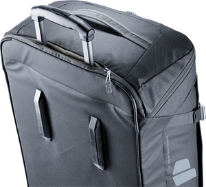 Close-up of the Deuter Duffel Pro Movo 90 back panel and extendable luggage handle
