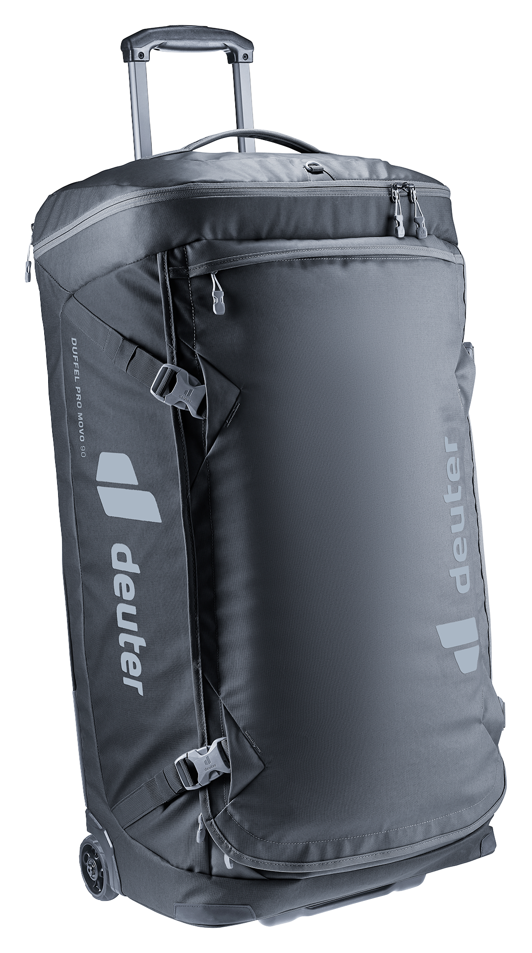 Deuter Duffel Pro Movo 90 in Black, front three-quarter view with the handle down