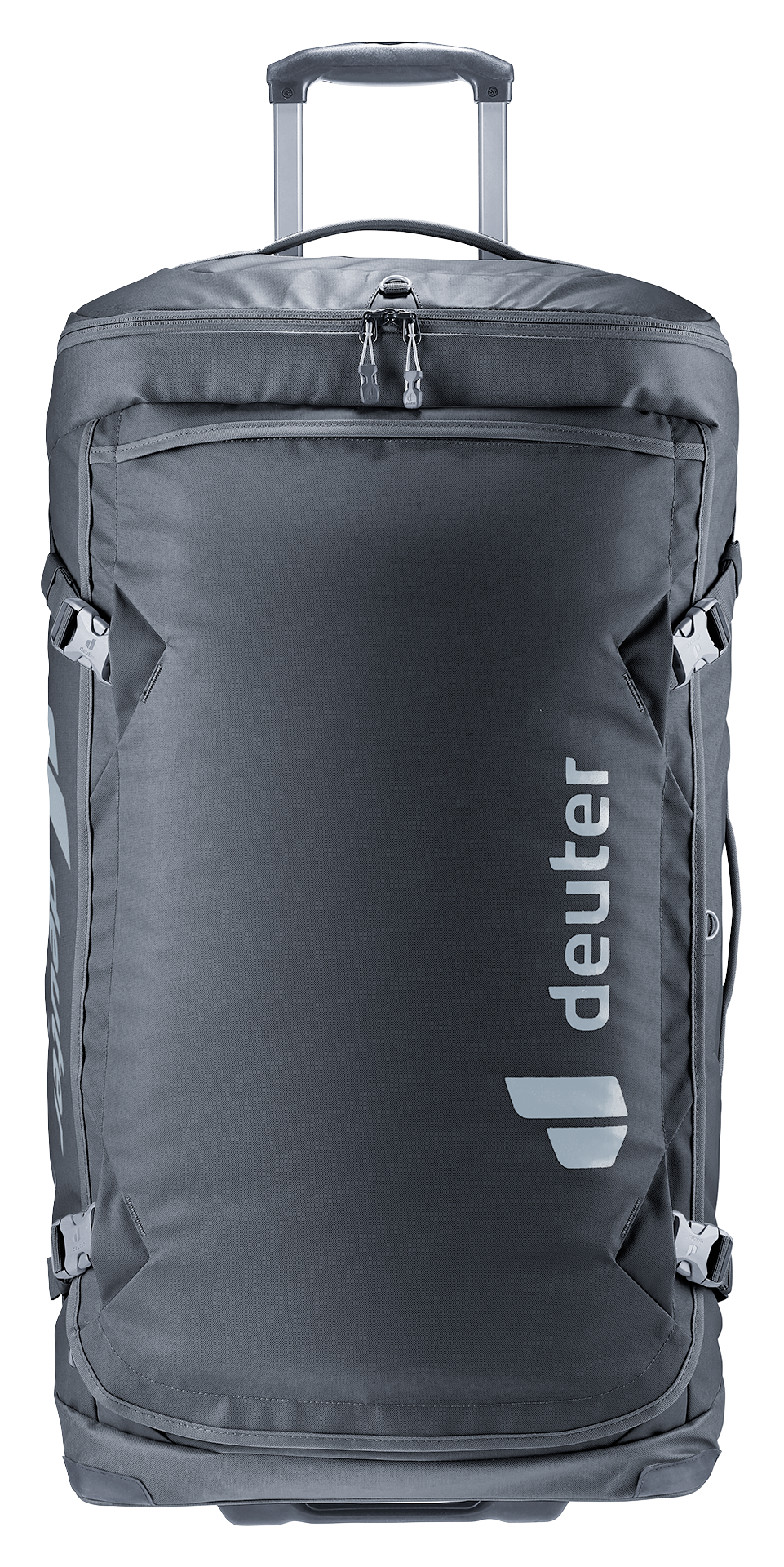 Deuter Duffel Pro Movo 90 in Black, straight-on front view of the arch zip and top pocket