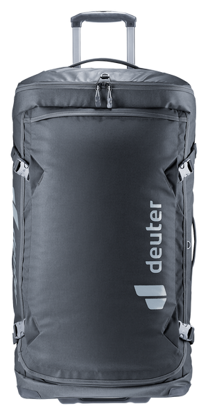 Deuter Duffel Pro Movo 90 in Black, straight-on front view of the arch zip and top pocket