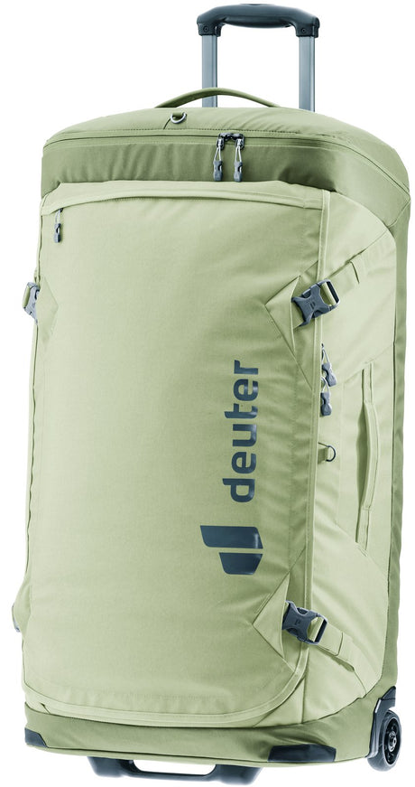 Deuter Duffel Pro Movo 90 in Mineral Grove, sage green wheeled duffel with handle extended