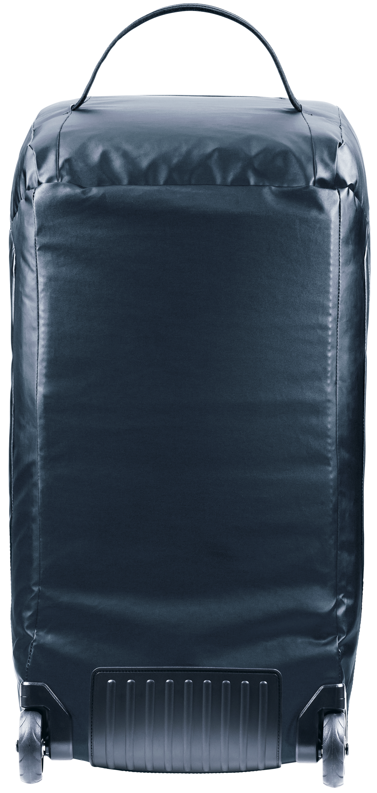 Back of the Deuter Duffel Pro Roller 90 showing the wheel housing and stowed handle