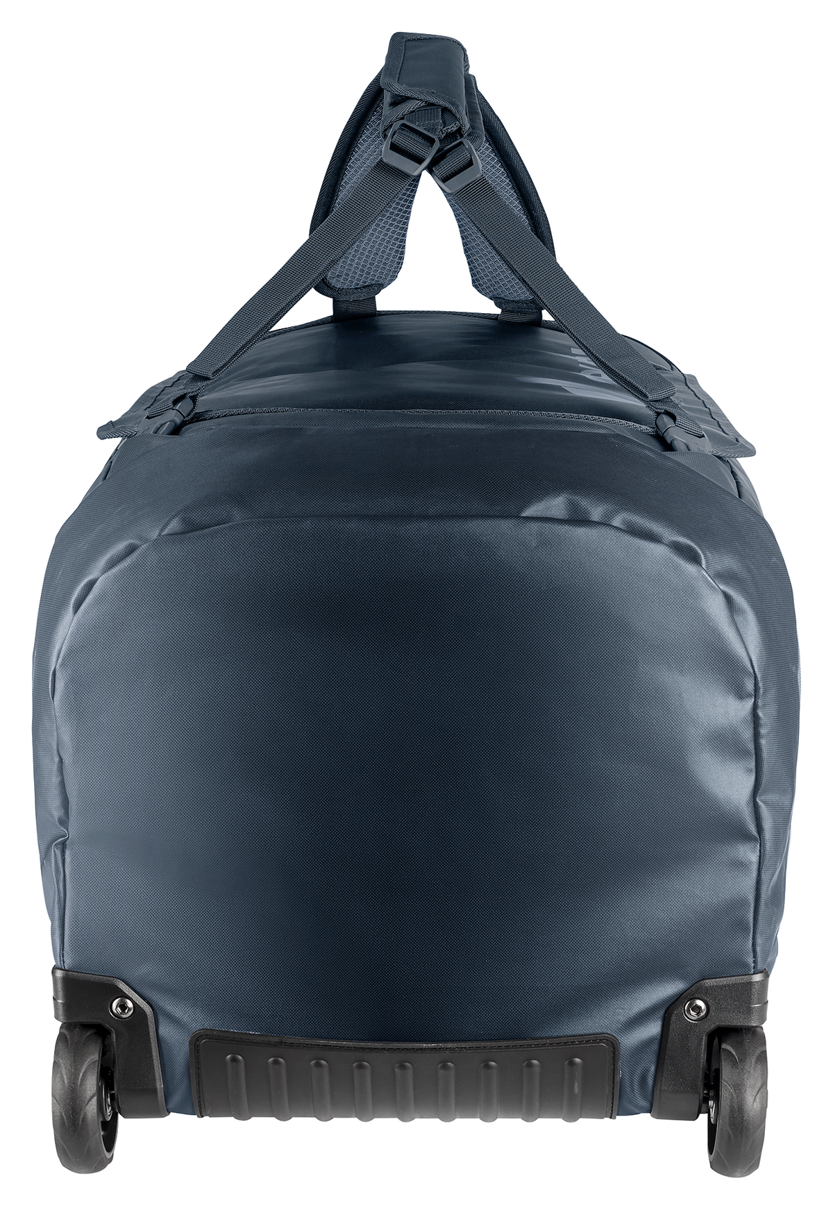 Deuter Duffel Pro Roller 90 end view showing both wheels and the shoulder straps