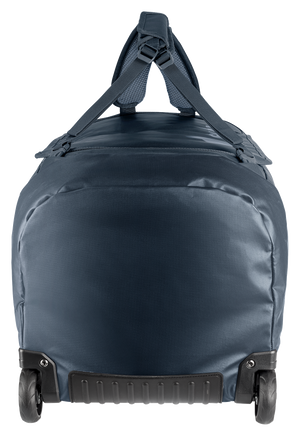 Deuter Duffel Pro Roller 90 end view showing both wheels and the shoulder straps