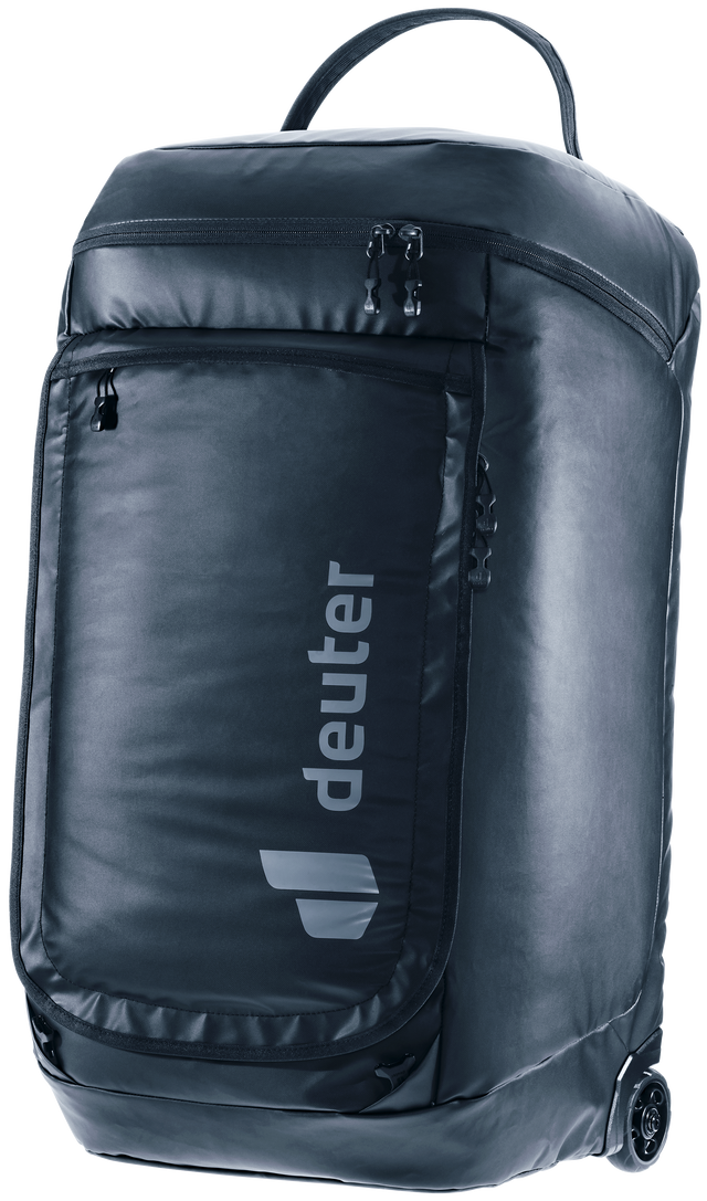 Deuter Duffel Pro Roller 90 wheeled duffel in Black, standing upright, front three-quarter view