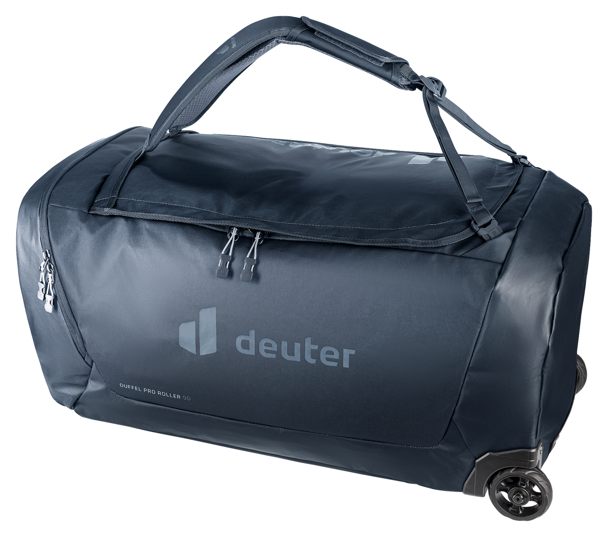 Deuter Duffel Pro Roller 90 in Black lying on its side, three-quarter view