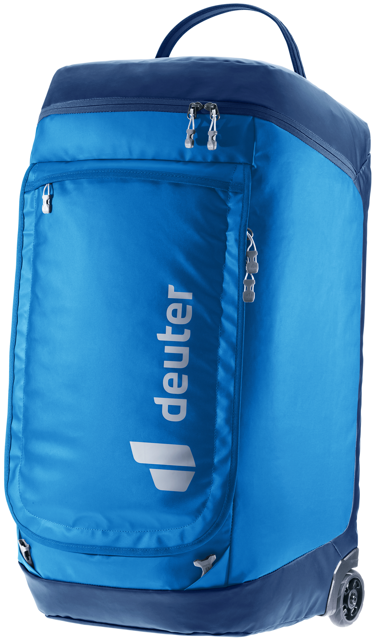 Deuter Duffel Pro Roller 90 in Neptune Nightblue, bright blue with navy trim, standing upright