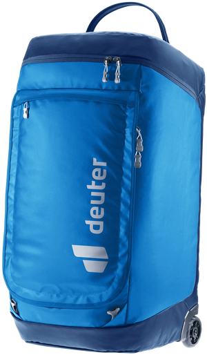 Deuter Duffel Pro Roller 90 in Neptune Nightblue, bright blue with navy trim, standing upright