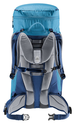 Back of the Deuter Fox 40 showing the Aircontact pads, S-shaped straps and hip fins