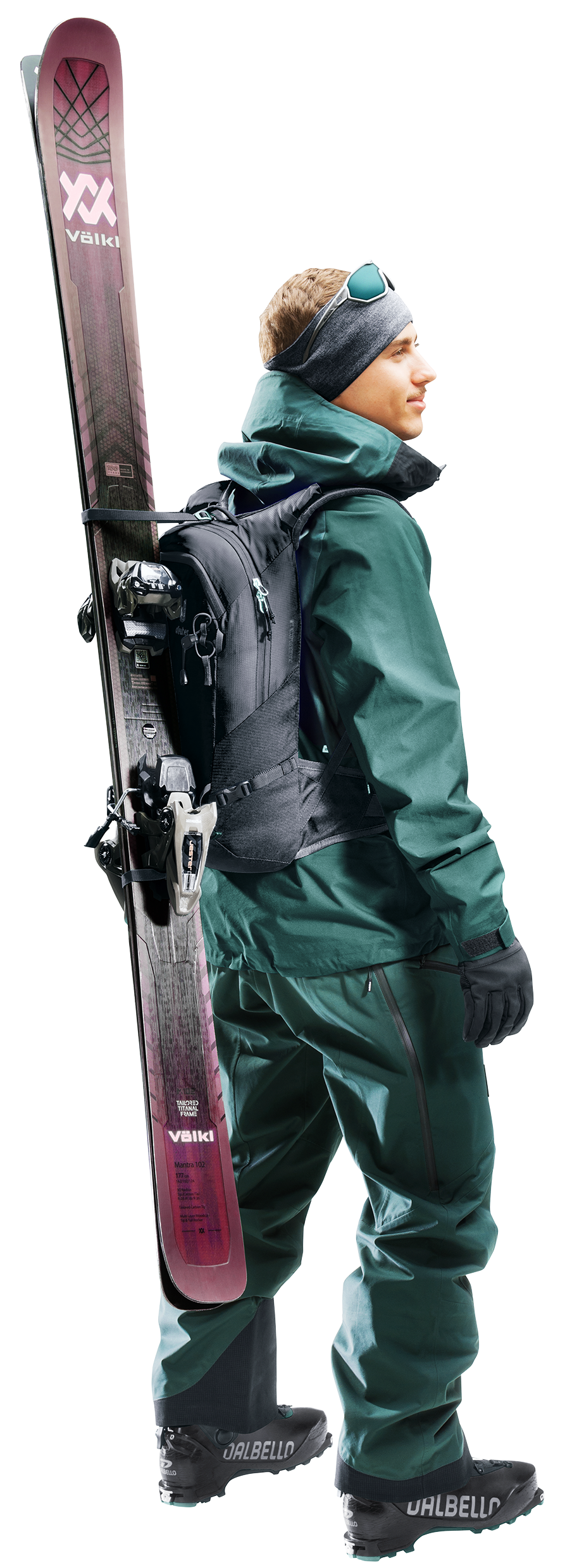 Deuter Freecline 15 worn by a skier with a pair of skis strapped upright to the side of the pack