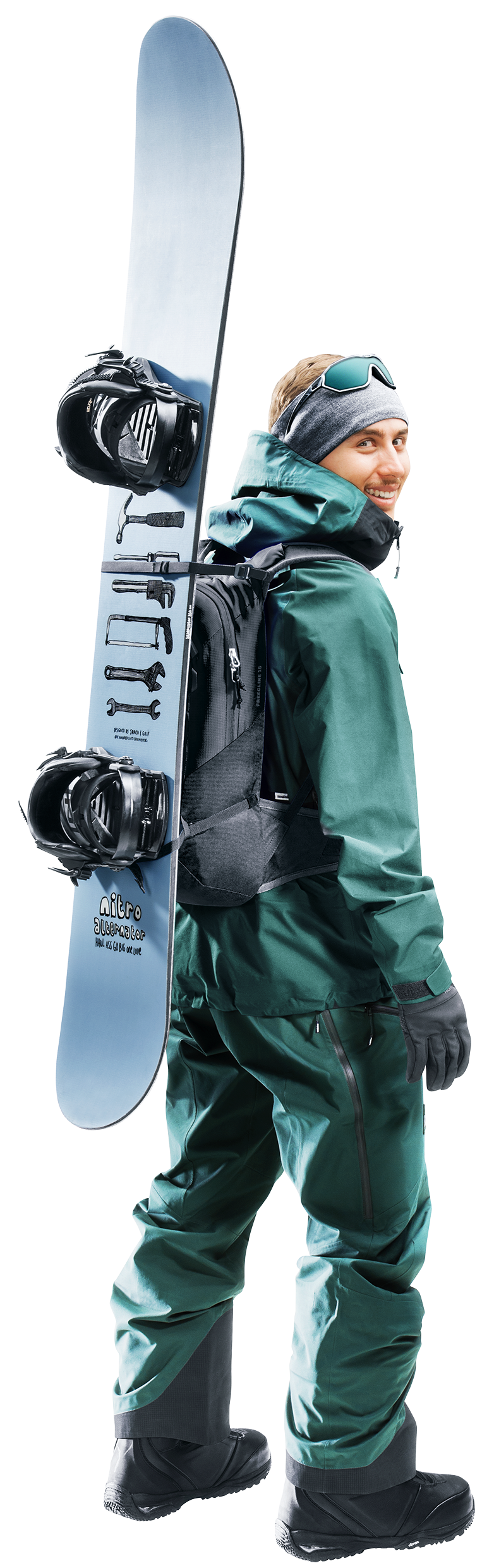 Snowboarder wearing the Deuter Freecline 15 with a snowboard strapped to the front
