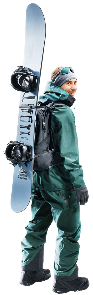 Snowboarder wearing the Deuter Freecline 15 with a snowboard strapped to the front