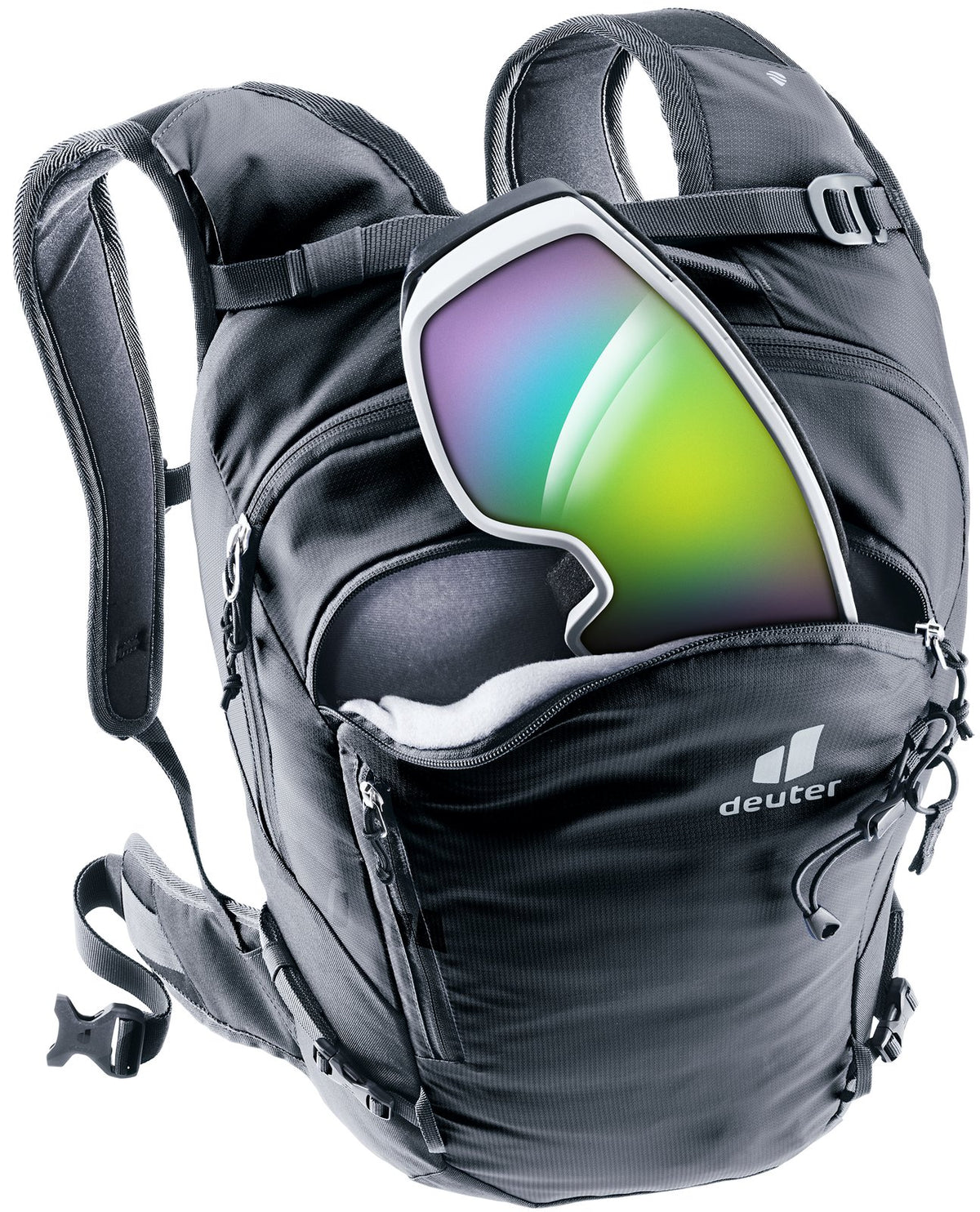 Deuter Freecline 15 with ski goggles in the fleece-lined goggle pocket